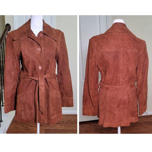 Vintage 70s Belted Suede Leather Jacket Women 10 Brown Top Stitch Western Boho - Picture 1 of 17